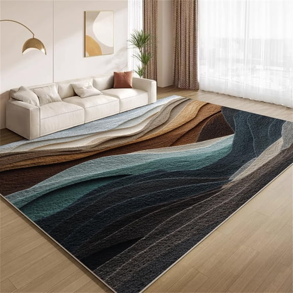 Abstract Stripe Area Rugs, Blue Brown 3D Texture Carpet, Washable Non Slip Low Pile Soft Rug for Living Room Bedroom Entry Decor Mat 2ftx3ft