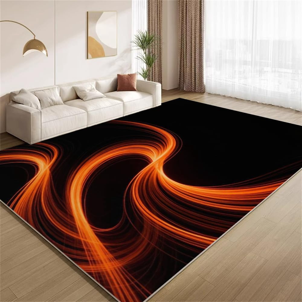 Abstract Stripe Area Rugs, Orange Black Fluid Carpet, Washable Non Slip ...