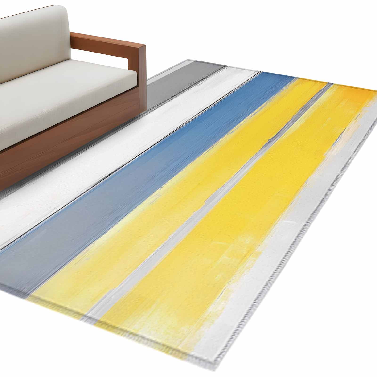 Abstract Stripe Area Rug 2.7x5ft Yellow Blue Grey Gradient Non-Slip ...