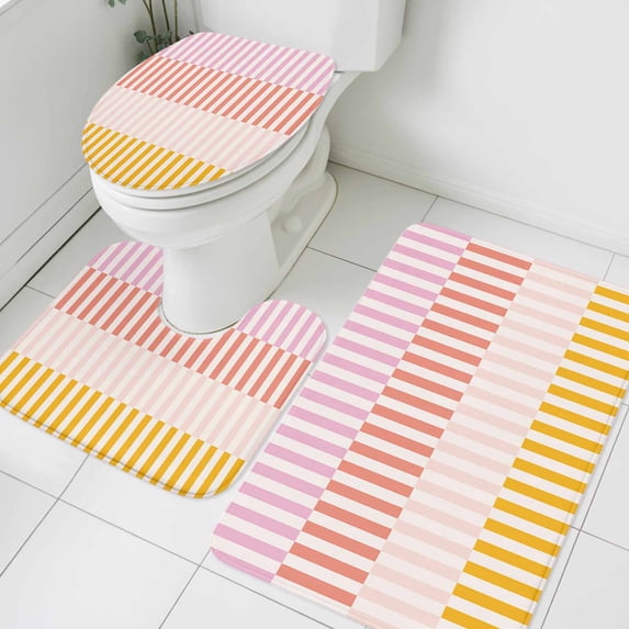 Abstract Stripe Bathroom Rugs Set Classic Pink Yellow Lines Art Non Slip Absorbent Soft Bath Mats 3 Piece Set with Bathroom Rug, U-Shaped Floor Mat, Toilet Seat Cover Large Size