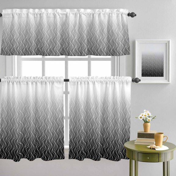 Abstract Stripe Black Gradient Curtain Tier and Valance Set 3 Piece, Modern Morocco Line 3-inch Rod Pocket Window Tier Curtains Valance for Kitchen Living Room