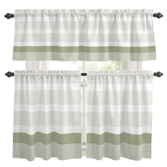 Abstract Stripe Kitchen Curtains Set for Windows, Classic Sage Green Lines Art Curtains Valance and Tier 3 Piece Set Small Drapes 36 Inch Length for Kitchen Bedroom Decor