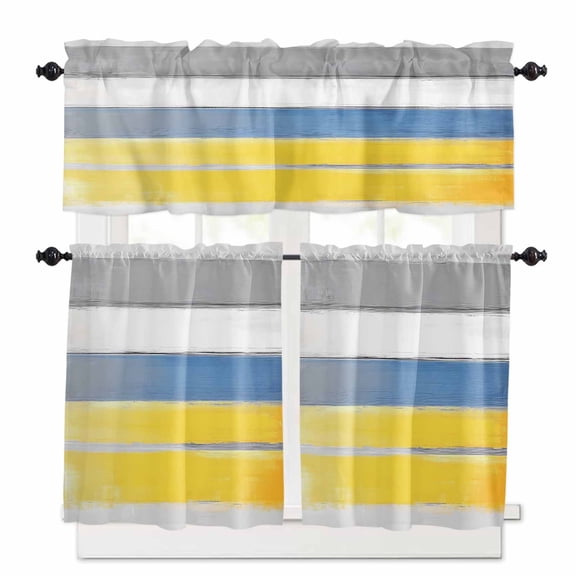Abstract Stripe Kitchen Curtains Valances and Tiers Set of 3, Abstract Retro 36 Inch Length Tier Curtains and Valance Rod Pocket Valance Curtains Set for Kitchen Bathroom Small Windows