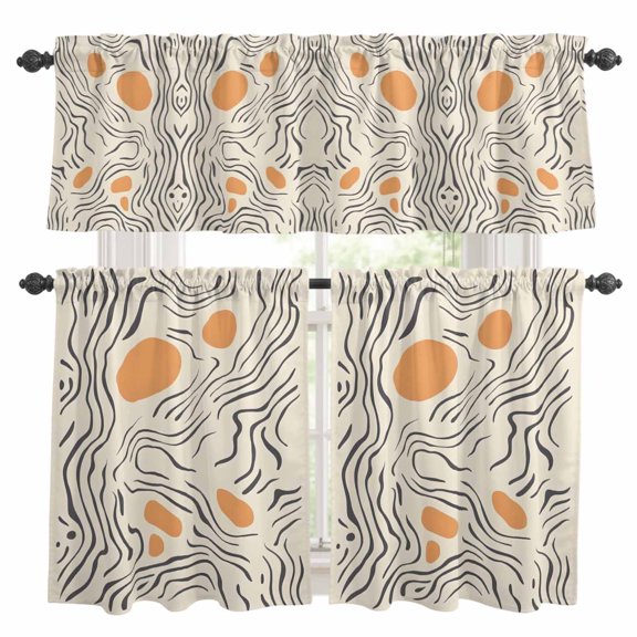 Abstract Stripe Kitchen Curtains Valances and Tiers Set of 3 Beige Orange Color Block Line Tier Curtains and Valance with Rod Pocket for Small Windows, 27.5"x24"