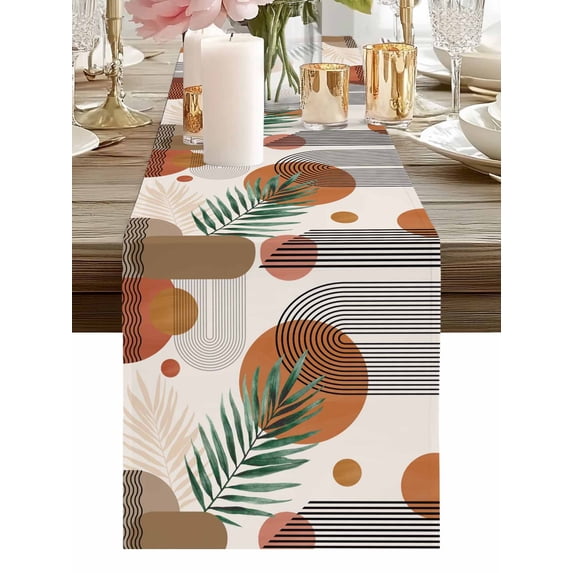 Abstract Stripe Leaf Table Runner-36 Inch Long Boho Orange Brown Style Table Runners Linen Burlap Tablerunner for Kitchen Dining Room Holiday Party