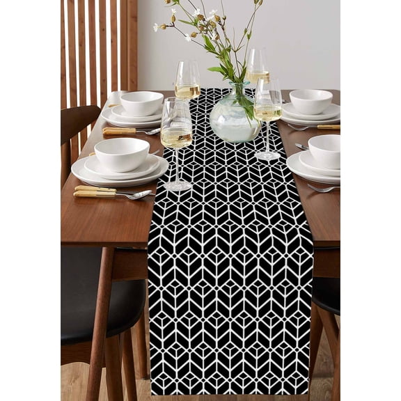 Abstract Stripe Plaid Table Runner 13x72in Non-Slip Cotton Linen Table Runners, Black White Geometric Pattern Dresser Scarves TableRunner for Dinner Kitchen Dining Wedding Party