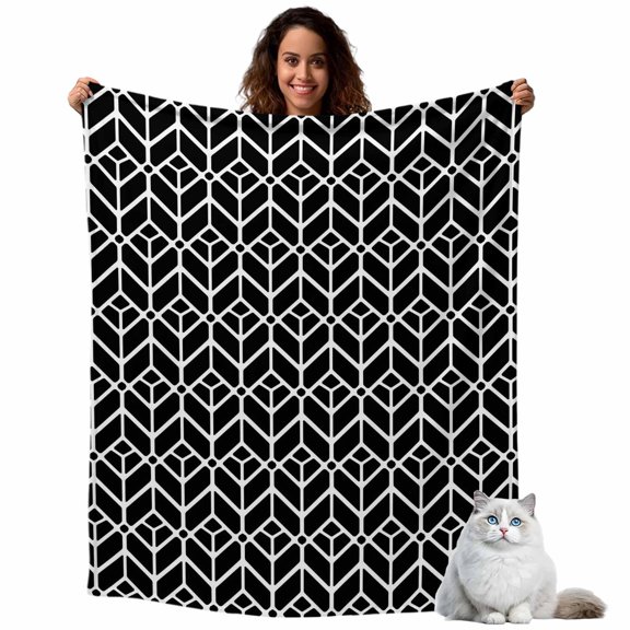 Abstract Stripe Plaid Throw Blanket Flannel Fleece Throws, Black White Geometric Pattern Lightweight Super Soft Warm Blankets for Couch Sofa Bed All Season Use, 40x50 in