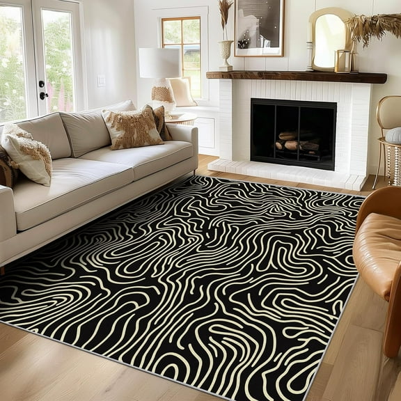 Abstract Stripe Rug Non Slip Backing Floor Carpet Washable Black And Beige Rugs For Living Room Bedroom, Wavy Contemporary Area Rug For Home Decor 3x5ft