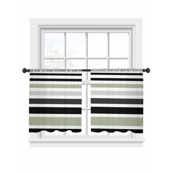 Abstract Stripe Sheer Curtains 45 Inch Long 2 Panels, Classic Sage Green Black Lines Art Light Filtering Rod Pocket Curtains, Sheer Voile Drapes for Living Room Bedroom, 52"x45"
