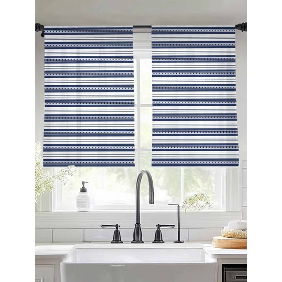 Abstract Stripe Sheer Curtains 45 Inches Long 2 Panels Classic Navy Blue Point Lines Light Filtering Semi Sheer Window Curtains Drapes for Bedroom Living Room 52"x45"