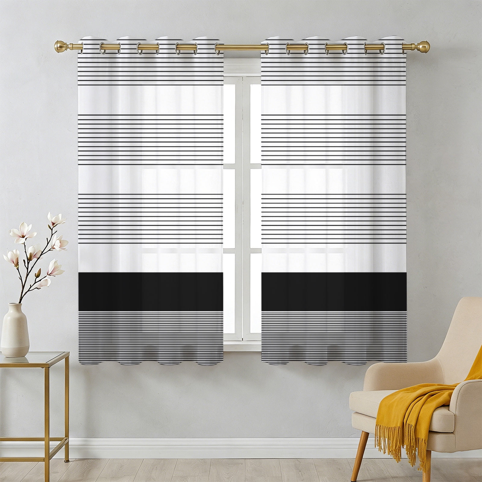 Abstract Stripe Sheer Curtains 54 Inch Long 2 Panels, Classic Black ...