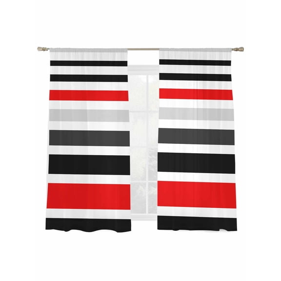 Abstract Stripe Sheer Curtains 63 Inch Long 2 Panels, Classic Red Black Lines Art Light Filtering Rod Pocket Curtains, Sheer Voile Drapes for Living Room Bedroom, 52"x63"