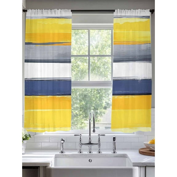 Abstract Stripe Sheer Curtains 72 Inches Long 2 Panels Yellow Blue Grey Gradient Light Filtering Semi Sheer Window Curtains Drapes for Bedroom Living Room 52"x72"