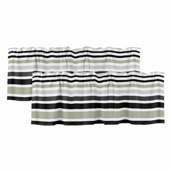 Abstract Stripe Window Valance, Classic Sage Green Black Lines Art 2 Pack Decorative Curtain for Small Windows, Light Filtering Valance with 3” Rod Pocket, 42"W x 12"L
