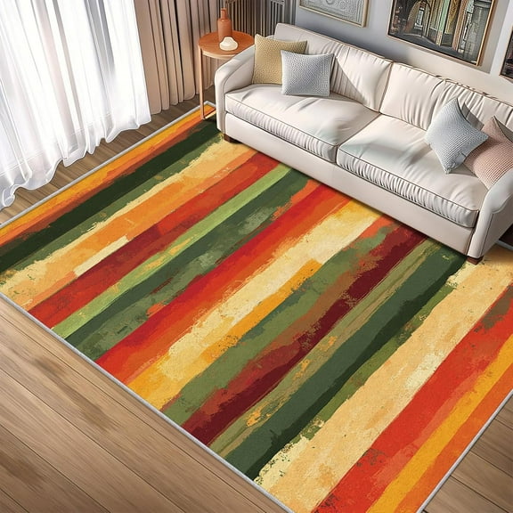 Abstract Striped Area Rugs, Green Red Yellow Carpet, Washable Non Slip Low Pile Soft Rug for Entryway Bedroom Kitchen Decor Mat 3ftx5ft