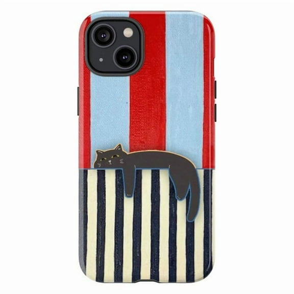 Abstract Striped Black Cat Phone Case, Sleepy Kitten Modern Art Design, Protective Cover for iPhone 17 16 15 14 13 12 11 Pro Max Mini