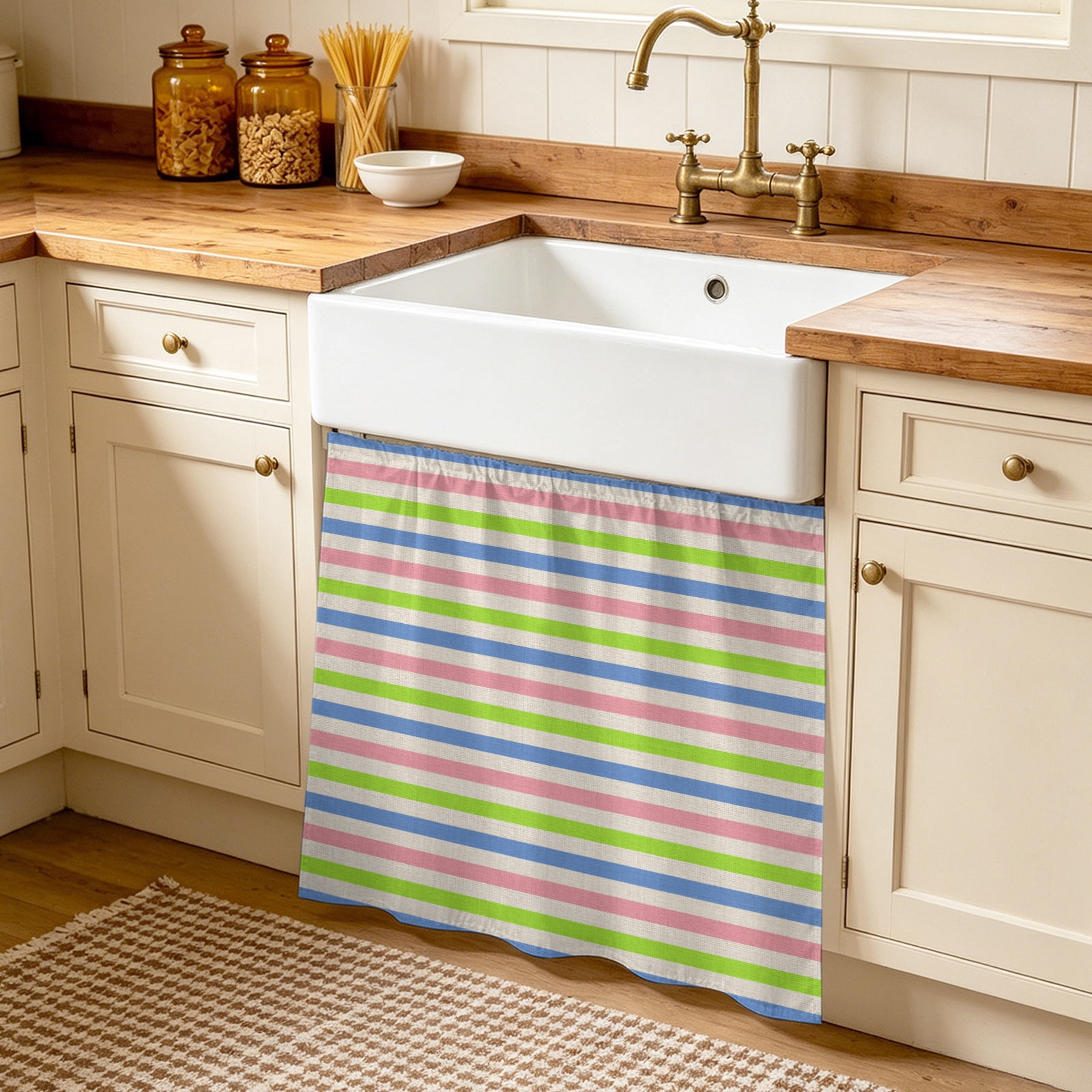 Image showcasing Abstract Striped Cabinet Curtain, White Blue Green Pink Stripe Vintage ...