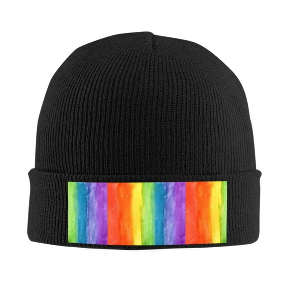 Abstract Striped Rainbow Beanie Hat Men Women Warm Printed Cap Knit Beanies Hats Outdoor Winter Black