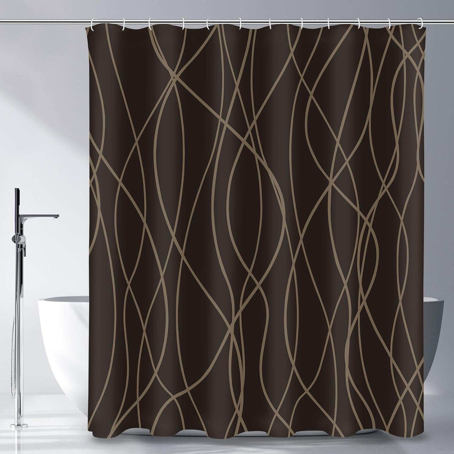 Abstract Striped Shower Curtain, Modern Minimalist Waterproof Fabric Shower Curtain Set with Hooks 72" x 72" - Brown