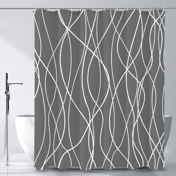 Abstract Striped Shower Curtain, Modern Minimalist Waterproof Fabric Shower Curtain Set with Hooks 72" x 72" - Dark Grey
