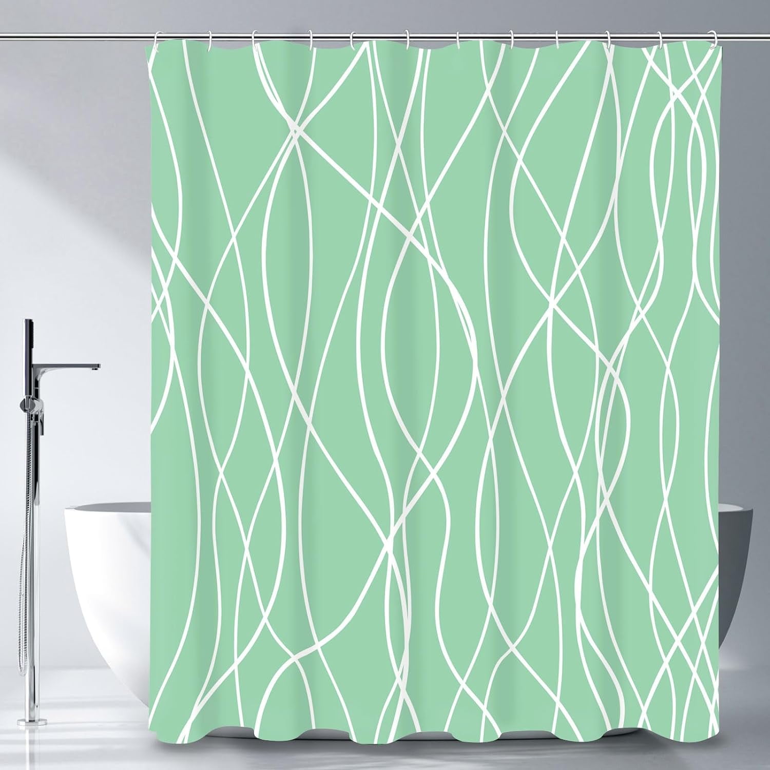 Abstract Striped Shower Curtain, Modern Minimalist Waterproof Fabric Shower Curtain Set with Hooks 72" x 72" - Mint Green