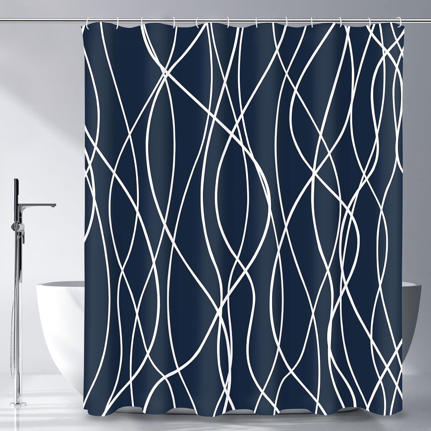 Abstract Striped Shower Curtain, Modern Minimalist Waterproof Fabric Shower Curtain Set with Hooks 72" x 72" - Navy Blue