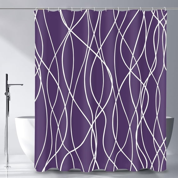 Abstract Striped Shower Curtain, Modern Minimalist Waterproof Fabric Shower Curtain Set with Hooks 72" x 72" - Purple White