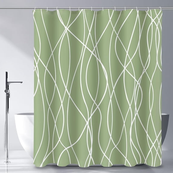 Abstract Striped Shower Curtain, Modern Minimalist Waterproof Fabric Shower Curtain Set with Hooks 72" x 72" - Sage Green
