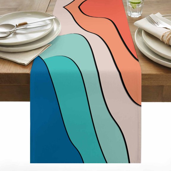 Abstract Striped Table Runner 13x108 inch Simple Color Blocks Waves Geometric Cotton Linen Dining Table Runner Ideal for Dresser Kitchen Coffee Tables - Machine Washable