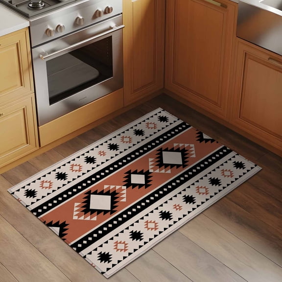 Abstract Stripes 2x3 Rug for Entryway Front Door Kitchen Sink Area, Black Orange Aztec Native Tribal Stripes Linen Texture Low Pile Washable Non Slip Rectangle Area Rug