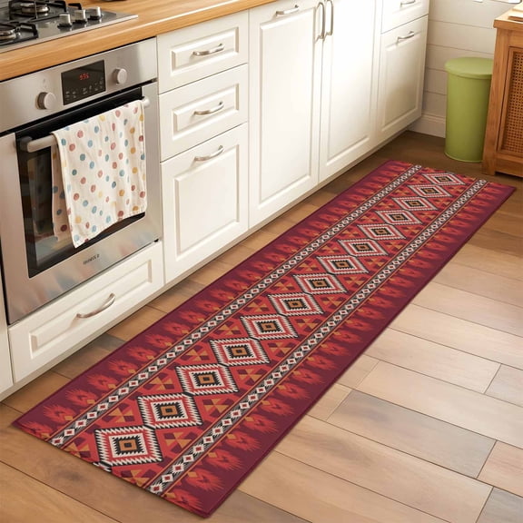 Abstract Stripes 2x6 Runner Rug for Hallway Walkway Kitchen Galley, Red Yellow Aztec Native Tribal Stripes Geometric Low Pile Washable Non Slip Long Area Rug