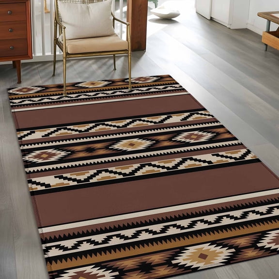 Abstract Stripes 3x5 Rug for Bedroom Foot of Bed Small Living Room, Brown Aztec Native Tribal Stripes Geometric Washable Non Slip Rectangle Area Rug
