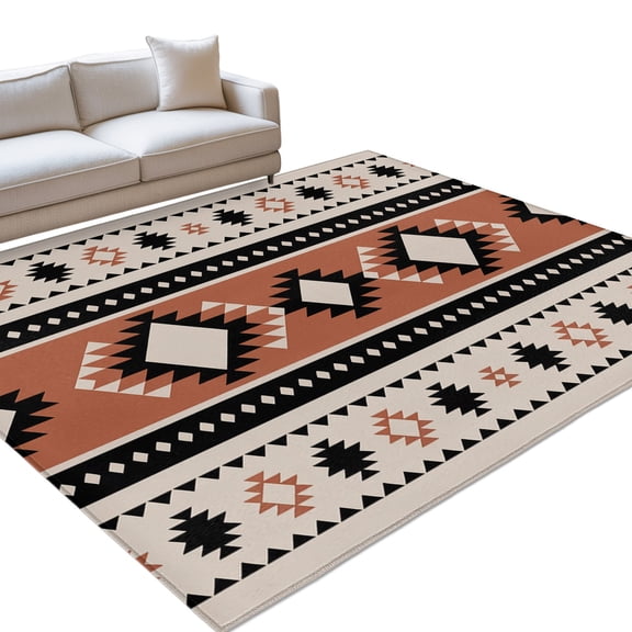 Abstract Stripes 5x8ft Non Slip Area Rug Black Orange Aztec Native Tribal Stripes Linen Texture Washable&nbsp;Soft Area Rugs for Living Room, Indoor&nbsp;Circle Carpet for Bedroom Dining Room Kitchen