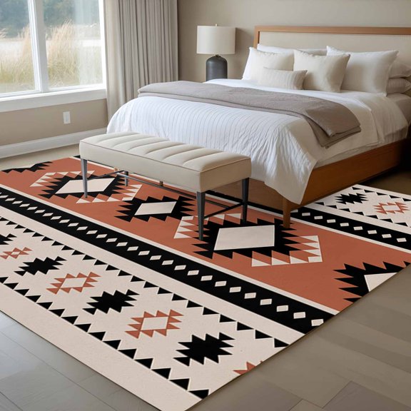 Abstract Stripes 6x9 Rug for Dining Room Table and Chair Setup, Black Orange Aztec Native Tribal Stripes Linen Texture Low Pile Washable Non Slip Rectangle Area Rug