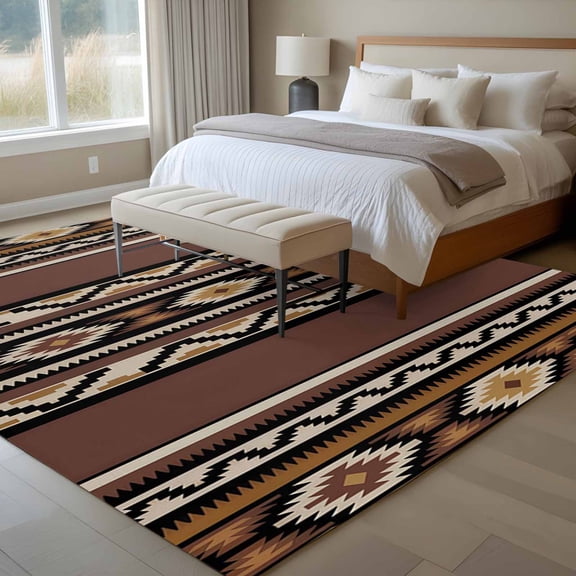 Abstract Stripes 6x9 Rug for Dining Room Table and Chair Setup, Brown Aztec Native Tribal Stripes Geometric Low Pile Washable Non Slip Rectangle Area Rug