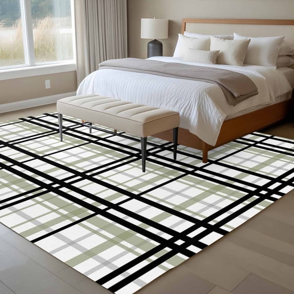 Abstract Stripes 6x9 Rug for Dining Room Table and Chair Setup, Sage Green Black Grey Plaid Low Pile Washable Non Slip Rectangle Area Rug