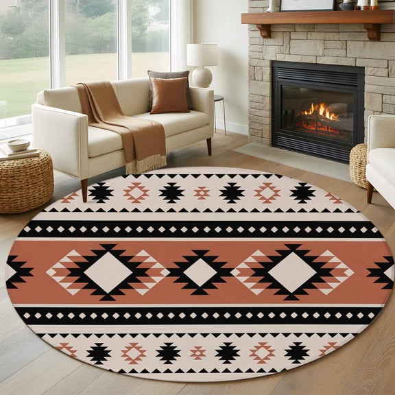 Abstract Stripes 7ft Round Rug for Living Room Conversation Area, Black Orange Aztec Native Tribal Stripes Linen Texture Washable Non Slip Large Circle Area Rug