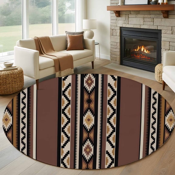 Abstract Stripes 7ft Round Rug for Living Room Conversation Area, Brown Aztec Native Tribal Stripes Geometric Washable Non Slip Large Circle Area Rug