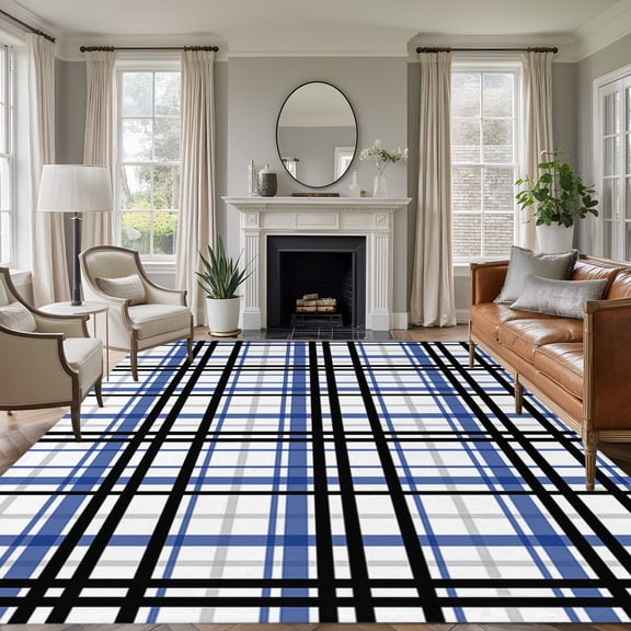 Abstract Stripes 8'x10' Area Rug for Living Room Sectional Sofa, Blue Black Grey Plaid Washable Non Slip Large Rectangle Area Rug for Living Room Dining Room, Bathroom Accent, Entryway, Beside Bed