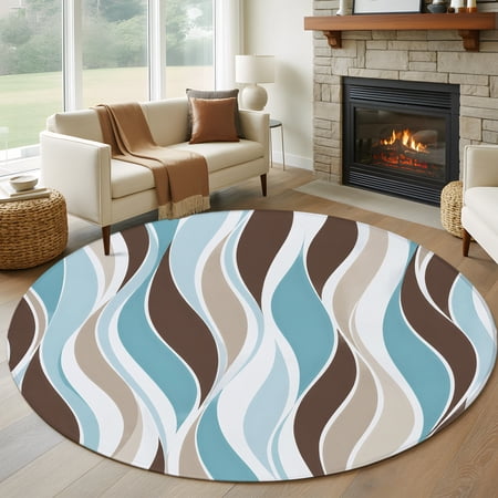 Abstract Stripes 8FT Round Area Rugs for Living Room Geometric Taupe Blue Fluid Ribbons Wavy Lines Ultra-Thin Non-Slip Round Rugs Machine Washable Low Pile Circle Carpet for Bedroom Kitchen Nursery