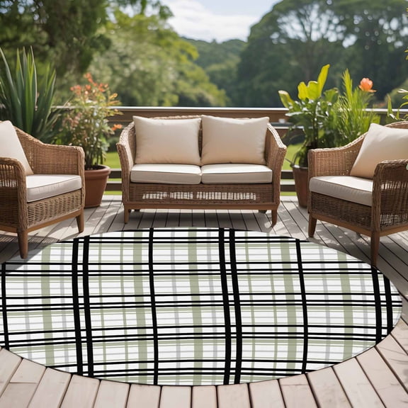 Abstract Stripes 8ft Round Rug for Open Concept Living Room Seating Zone, Sage Green Black Grey Plaid Washable Non Slip Large Circle Area Rug