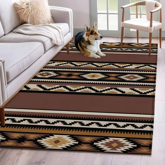 Abstract Stripes Area Rugs 4x6 ft Brown Aztec Native Tribal Stripes Geometric Washable Rug Non Slip Indoor Carpet Absorbent Floor Mat for Living Room Bedroom Dining Room