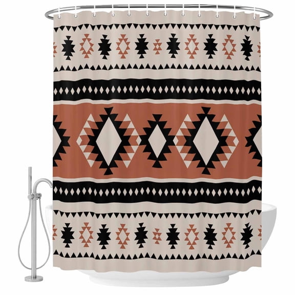 Abstract Stripes Bathroom Shower Curtains with Hooks, Black Orange Aztec Native Tribal Stripes Linen Texture Waterproof Fabric Washable Shower Curtain for Home Hotel Bathtub Decor 60x72 Inch