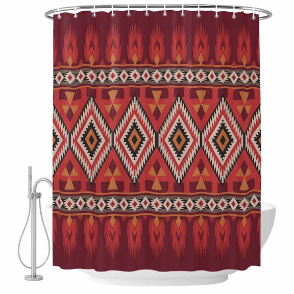 Abstract Stripes Bathroom Shower Curtains with Hooks, Red Yellow Aztec Native Tribal Stripes Geometric Waterproof Fabric Washable Shower Curtain for Home Hotel Bathtub Decor 36x72 Inch