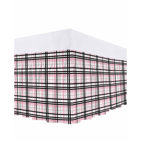 Abstract Stripes Bed Skirt Pink Black Grey Plaid Bed Skirts Queen Size 16 Inch Drop, Wrap Around Dust Ruffle&nbsp;Bedskirt with Adjustable Elastic Belt for Queen Size Beds
