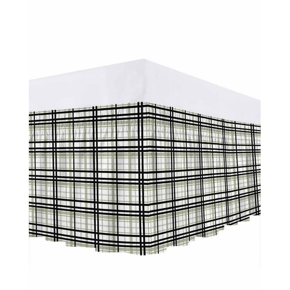 Abstract Stripes Bed Skirt Queen Size 18" Drop Sage Green Black Grey Plaid Ruffled Wrap Around Bed Skirts Adjustable Elastic Bedskirt Dust Ruffle for Queen Size Bed