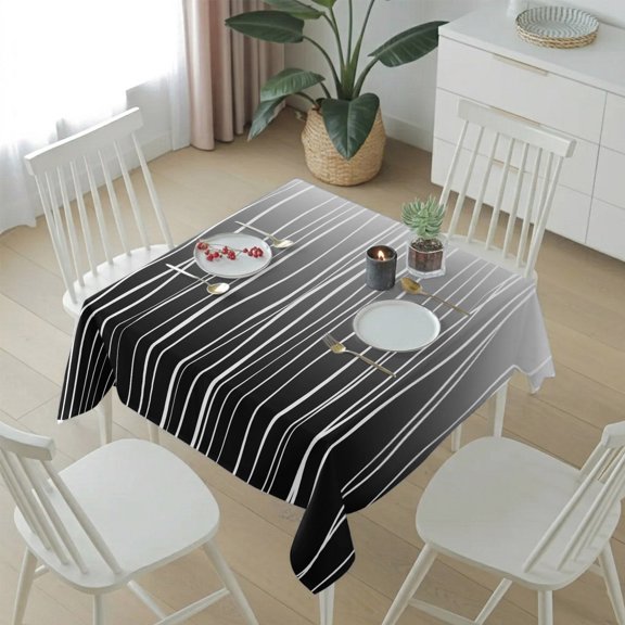 Abstract Stripes on Black Background Table Cloth 54x54in, Waterproof Square Tablecloth Wipeable Tablecloths Gradient White Lines Table Covers for Dining Tables Party Indoor Outdoor