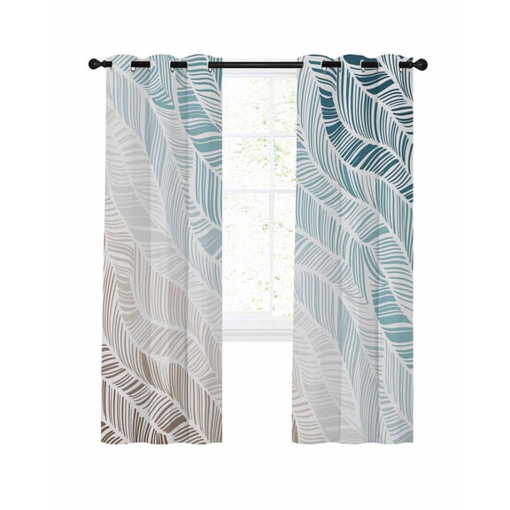 Abstract Stripes Blackout Curtains for Bedroom Living Room, Teal Brown Gradient Wavy Lines Leaf Texture 96 In Long Thermal Insulated Room Darkening Drapes Grommet Window Treatments, 52 x 96 In