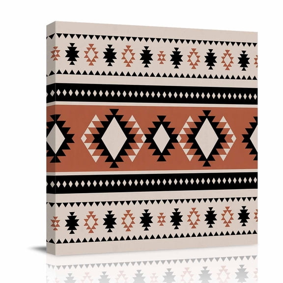 Abstract Stripes Canvas Wall Art for Living Room, Black Orange Aztec Native Tribal Stripes Linen Texture Wall Decor Framed Artwork Pictures Ready to Hang for Bedroom Office Home Decor