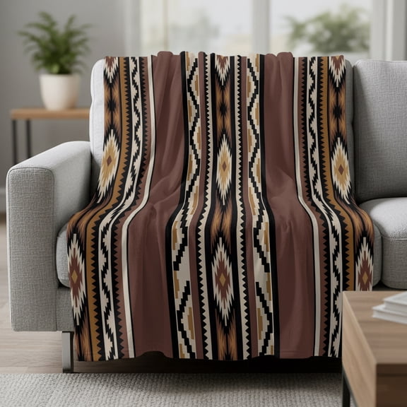 Abstract Stripes Fleece Throw Blanket Brown Aztec Native Tribal Stripes Geometric Ultra Soft Fuzzy Cozy Flannel Throw Blanket for Couch Sofa Bed Car Travel, Ideal Gifts 30x40 Inches
